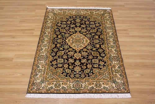 100% Silk Blue Kashmiri Silk Rug KSK009088 1.29 x .80 Handknotted in Kashmir with a 5mm pile