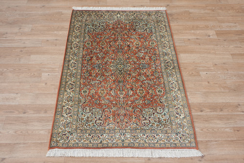 100% Silk Rose Kashmiri Silk Rug KSK009095 122x76 Handknotted in India with a 5mm pile