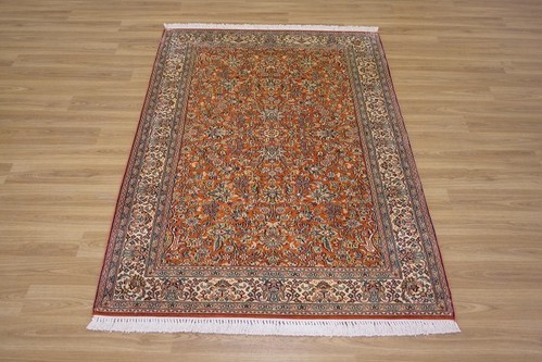100% Silk Cream Kashmiri Silk Rug KSK013094 1.51 x .93 Handknotted in Kashmir with a 5mm pile