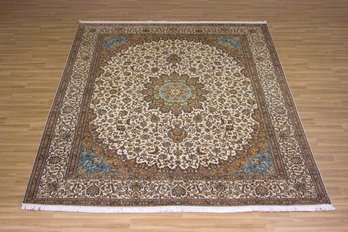 100% Silk Cream Kashmiri Silk Rug KSK025075 3.12 x 2.48 Handknotted in Kashmir with a 5mm pile