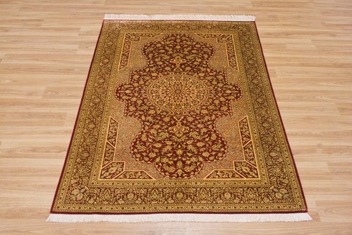 100% Silk Red Persian Silk Qum Rug PSQ013000 1.47 x .96 Handknotted in Iran with a 5mm pile