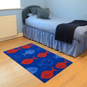 100% Wool Blue Kids Rug Blue Fish LKI009 Handmade in India with a 15mm pile