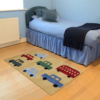 100% Wool Multi Kids Rug Yellow Cars LKI021 Handmade in India with a 15mm pile