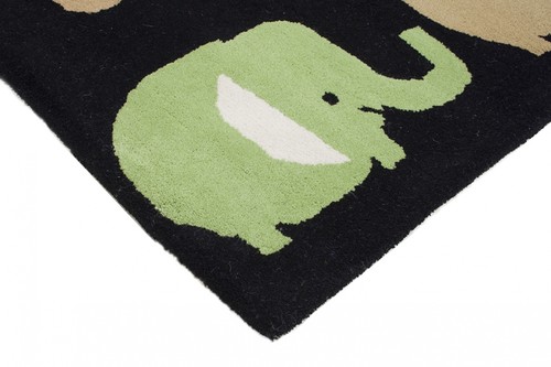 100% Wool Black Kids Rug Elephants LKI024 Handmade in India with a 15mm pile Image 3
