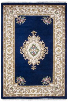 100% Wool Blue Super Rajbik Indian Rug Design Handknotted in India with a 22mm pile Image 2