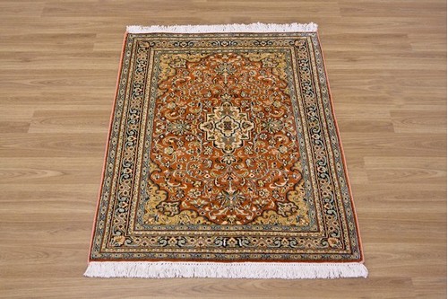 100% Silk Rust Kashmiri Silk Rug KSK006083 .96 x .63 Handknotted in Kashmir with a 5mm pile