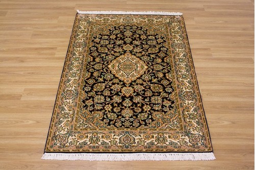 100% Silk Blue Kashmiri Silk Rug KSK009088 1.29 x .80 Handknotted in Kashmir with a 5mm pile