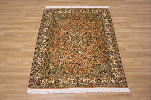 100% Silk Rose Kashmiri Silk Rug KSK009095 1.24 x .80 Handknotted in Kashmir with a 5mm pile