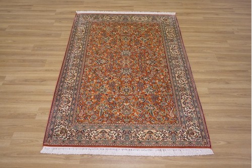 100% Silk Cream Kashmiri Silk Rug KSK013094 1.51 x .93 Handknotted in Kashmir with a 5mm pile