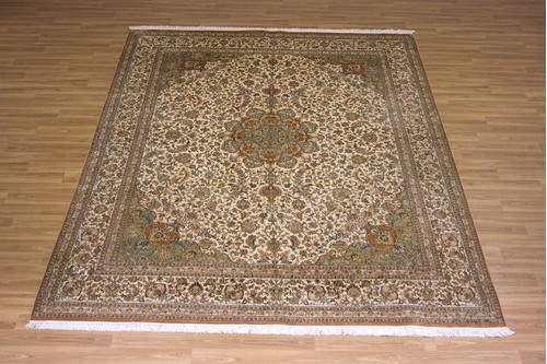 100% Silk Cream Kashmiri Silk Rug KSK025075 3.07 x 2.40 Handknotted in Kashmir with a 5mm pile