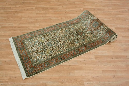 100% Silk Cream Kashmiri Silk Rug KSK045082 292 x 81 Handknotted in Kashmir with a 5mm pile