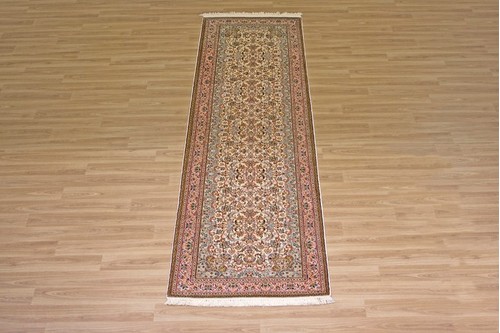 100% Silk Cream Kashmiri Silk Rug KSK045094 2.64 x .80 Handknotted in Kashmir with a 5mm pile