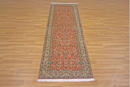 100% Silk Rose Kashmiri Silk Rug KSK045095 2.71 x .77 Handknotted in Kashmir with a 5mm pile