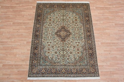 100% Silk Cream Kashmiri Silk Rug KSK089084 249 x 171 Handknotted in Kashmir with a 5mm pile