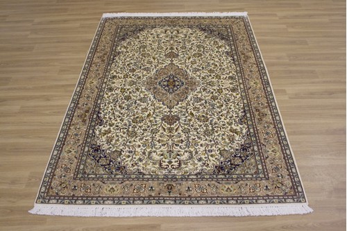 100% Silk Cream Kashmiri Silk Rug KSK018098 179 x 122 Handknotted in Kashmir with a 5mm pile