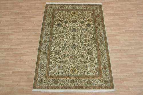 100% Silk Cream Kashmiri Silk Rug KSK022075 2.85 x 1.89 Handknotted in Kashmir with a 5mm pile