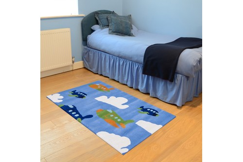 100% Wool Blue Kids Rug Blue Aeroplane LKI022 Handmade in India with a 15mm pile