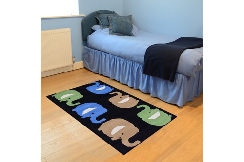 100% Wool Black Kids Rug Elephants LKI024 Handmade in India with a 15mm pile