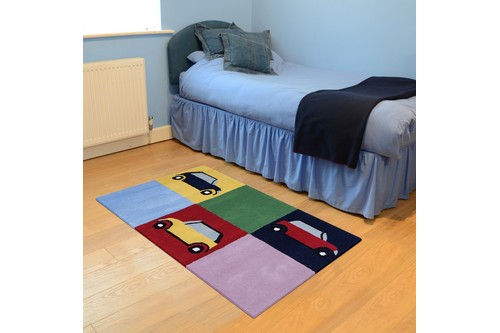 100% Wool Multi Kids Rug Multi Cars LKI026 Handmade in India with a 15mm pile