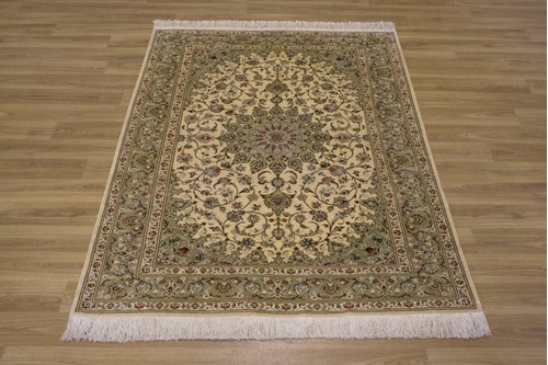 100% Silk Cream Persian Silk Qum Rug PSQ013000 147 x 102 Handknotted in Iran with a 5mm pile