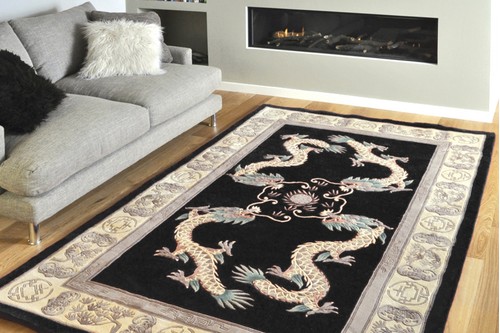 100% Wool Black Premier Superwashed Chinese Rug Design Handknotted in China with a 25mm pile