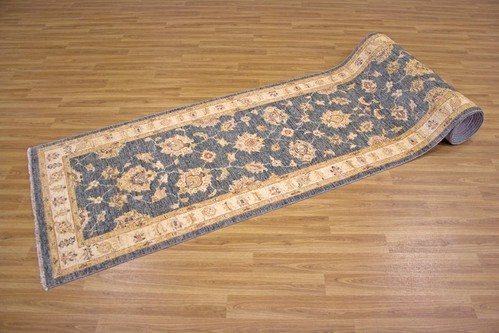 100% Wool Blue Afghan Veg Dye Rug AVE053C88 7.54 x .89 Handknotted in Afghanistan with a 6mm pile