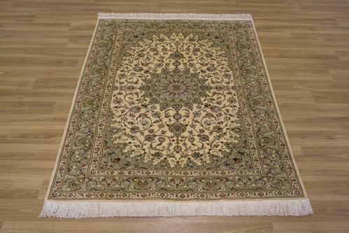 100% Silk Cream Persian Silk Qum Rug PSQ013000 147 x 102 Handknotted in Iran with a 5mm pile