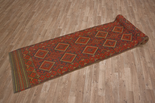 100% Wool Rust Afghan Mushwani Tribal Rug AMU048000 365x70 Handknotted in Afghanistan with a 8mm pile