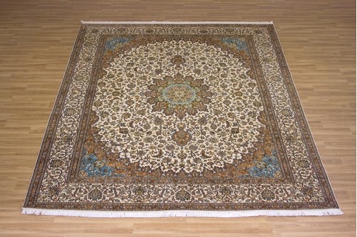 100% Silk Cream Kashmiri Silk Rug KSK025075 3.12 x 2.48 Handknotted in Kashmir with a 5mm pile