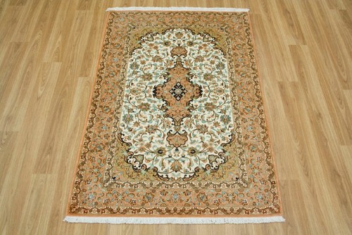 100% Silk Cream Persian Silk Qum Rug PSQ008000 116 x 77 Handknotted in Iran with a 5mm pile